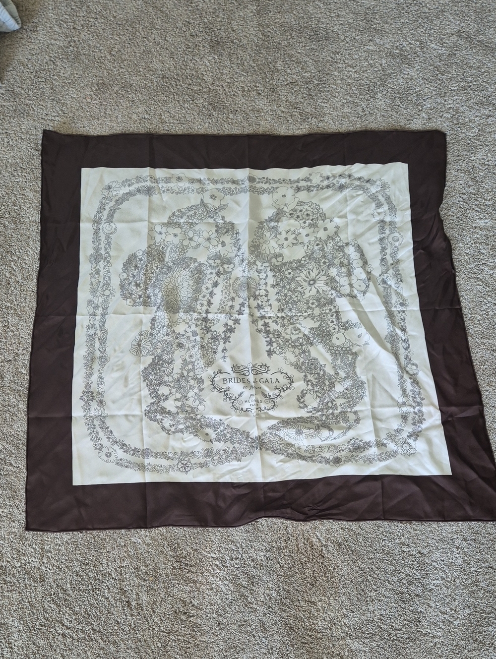 Floral Silk Scarf in White and Dark Brown